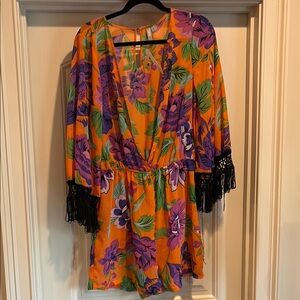 Vibrant Floral Kimono Romper with Fringe